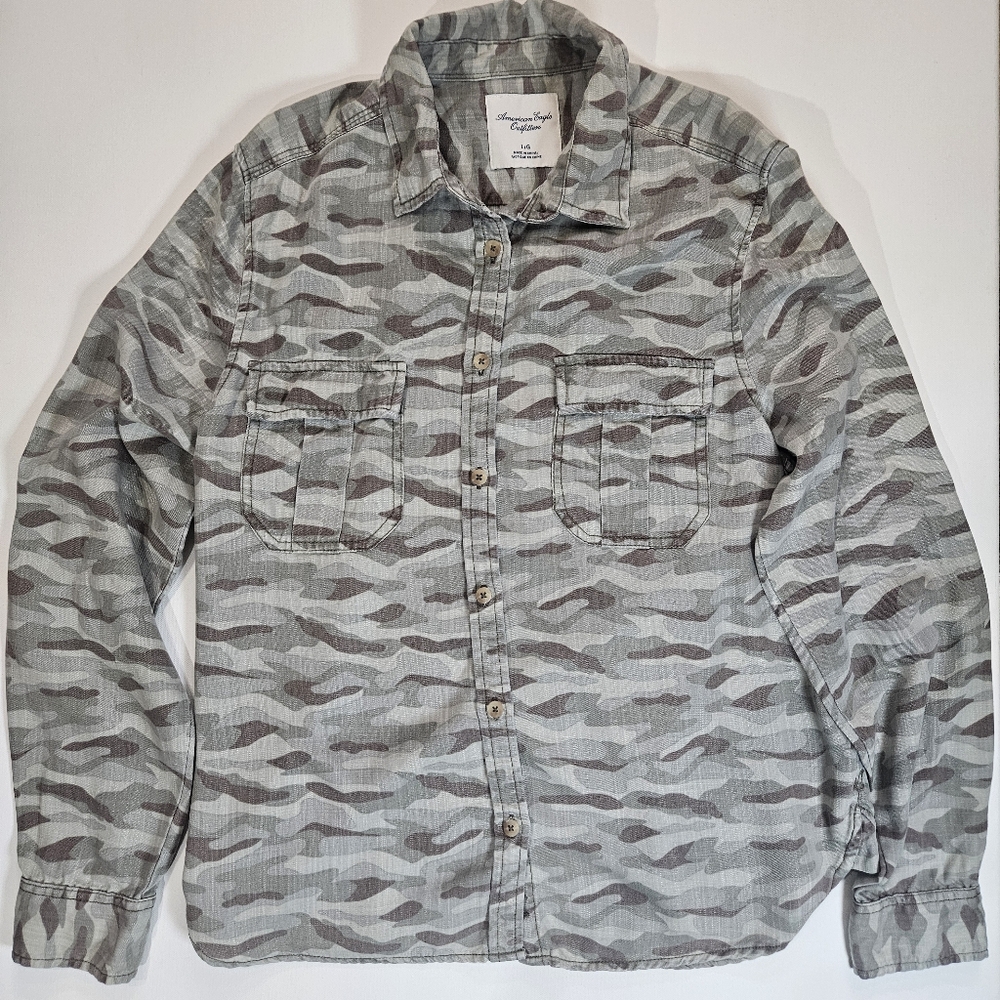 American Eagle‎ Camo Button Down Mens Large Green Brown Outdoor Preppy Y2K Style